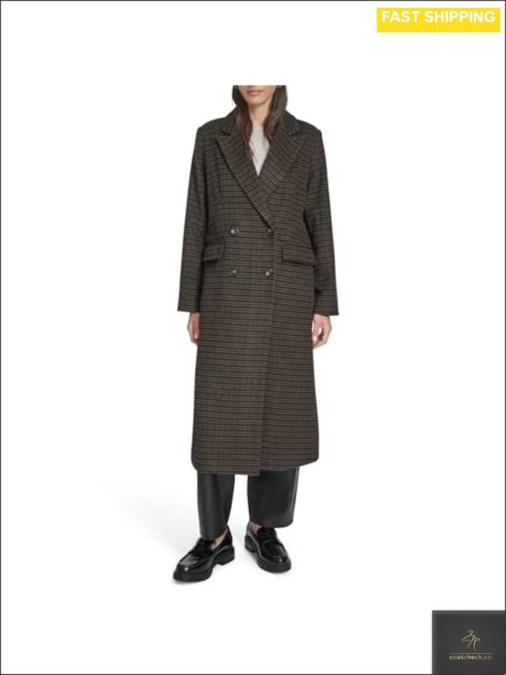 Maxi Length Double Breasted Wool Blend Coat Houndstooth